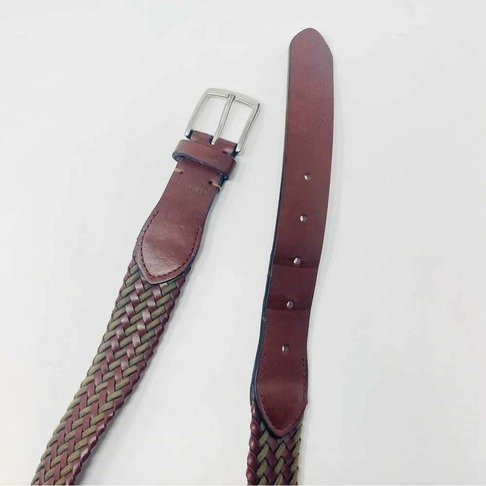 Tommy Hilfiger Handcrafted Braided Vegan Leather Brown &‎ Khaki Belt, Size L
